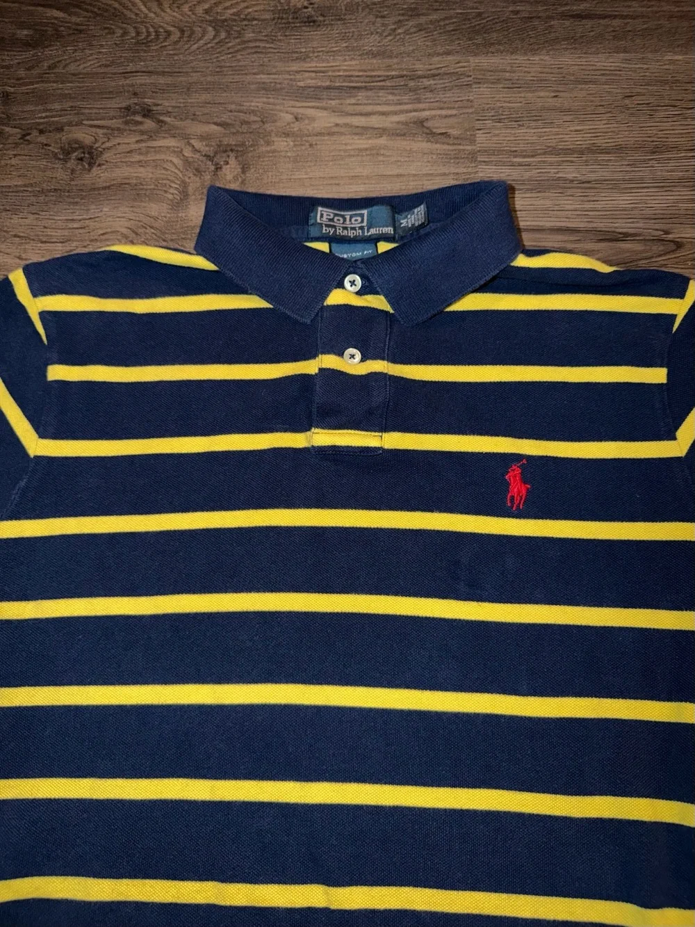 Polo Ralph Lauren Men's Medium Blue Stripe Yellow Polo Short Sleeve Custom Fit